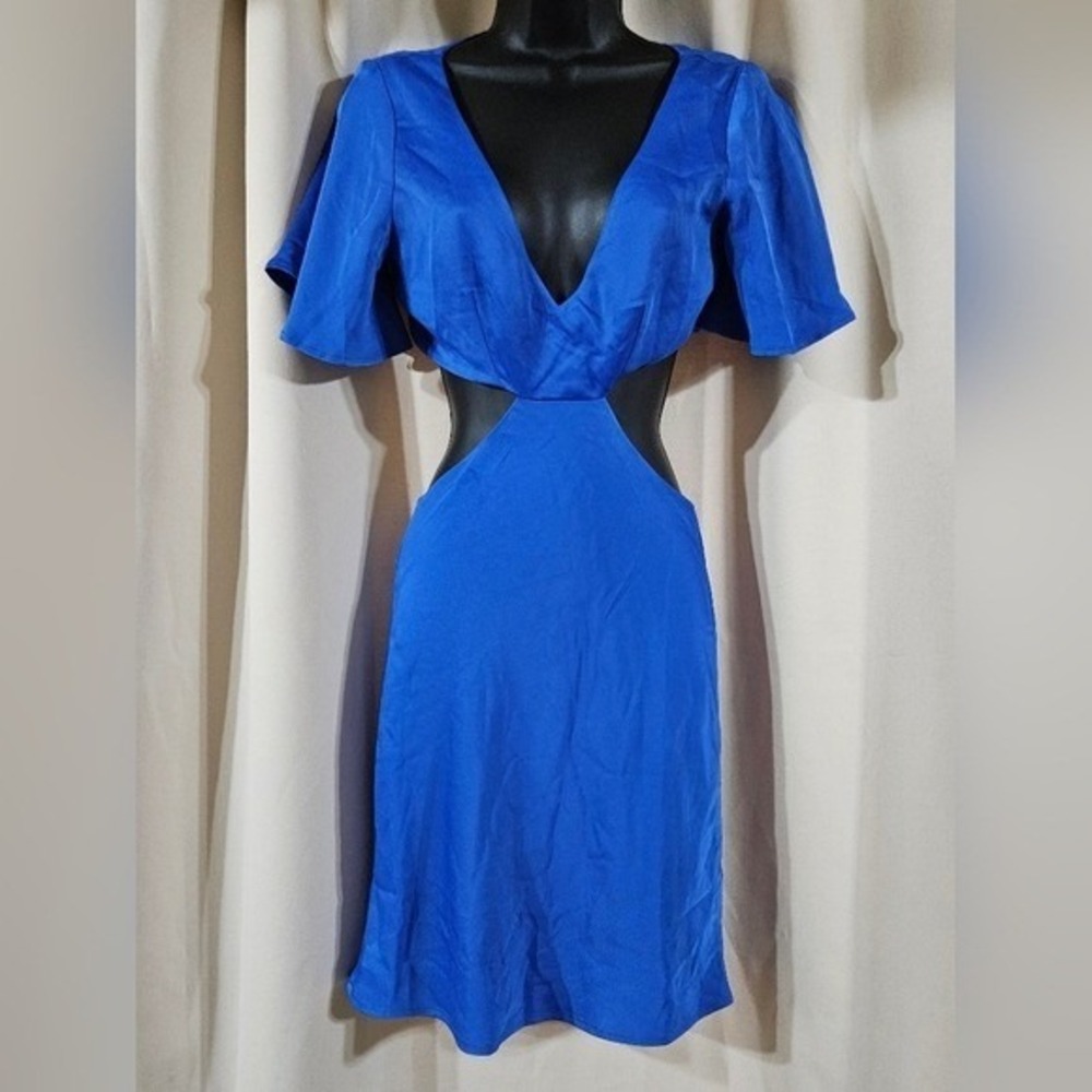 Princess Polly Mischa Mini Dress Blue Waist Cut-Out Flutter Sleeve Size US 4